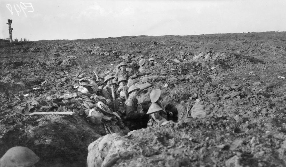 The Allied soldiers in newly dug front line trenches near Flinte Farm, Broodseinde Ridge, Ypres, 5 October 1917.